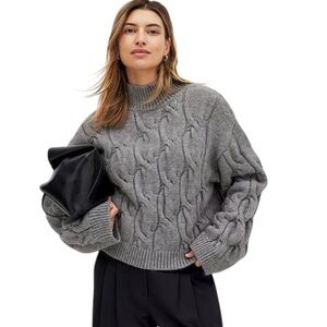 NA-KD Structured Super Chunky Gray Mock Neck Scandi Knitted Sweater Sz L
